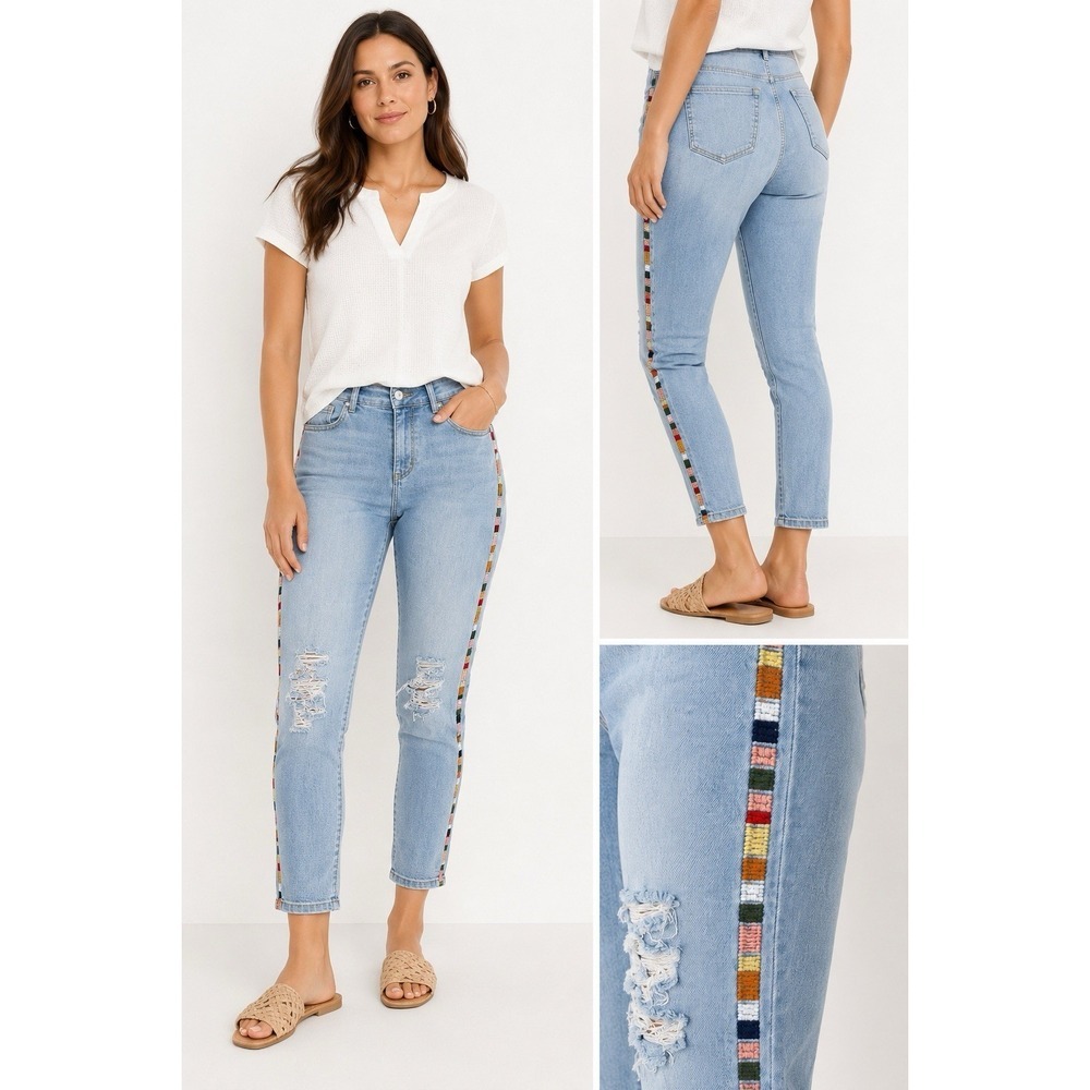Knox Rose Women's Sz 16 Light Wash Distressed Jeans Embroidered Side Boho Skinny